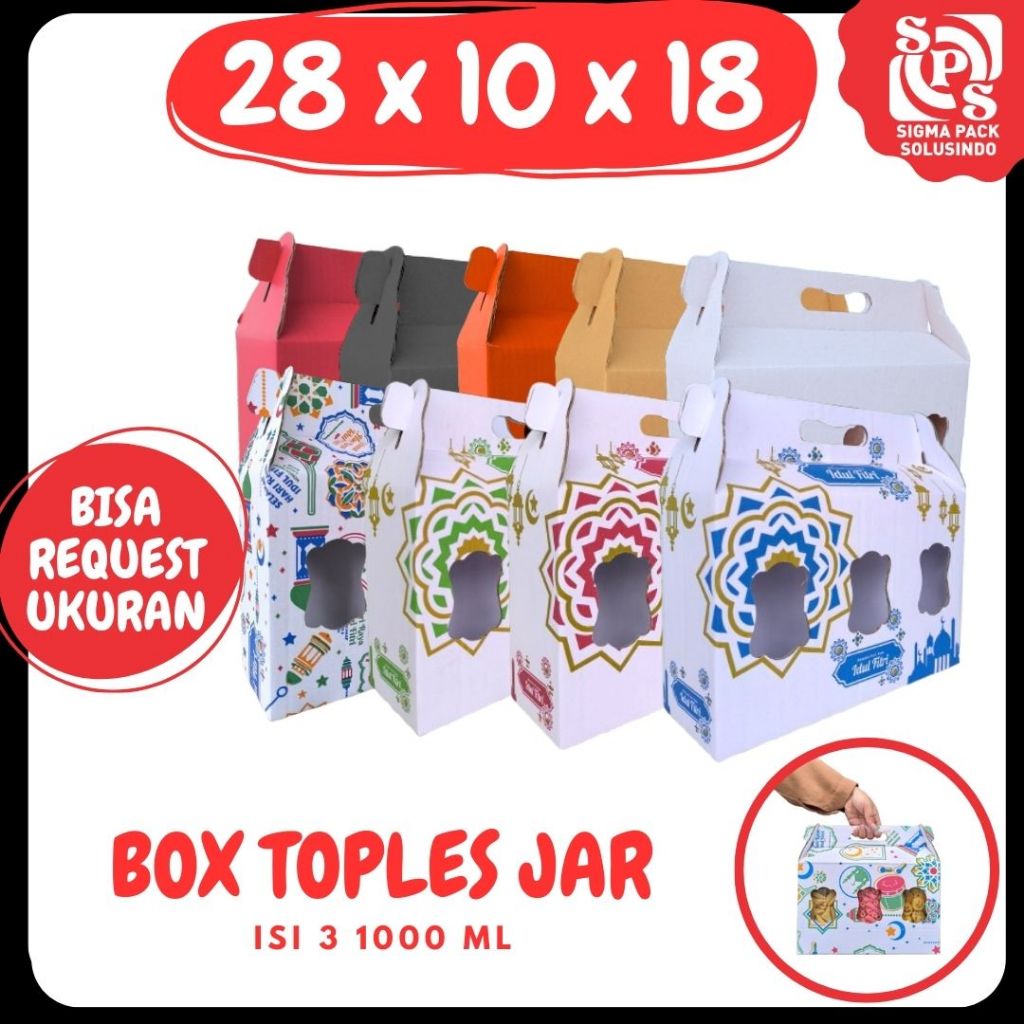 

Box Kuker 28x10x18 Jinjing (TOPLES JAR 1000ml Isi 3) Kardus Kue Kering Idul Fitri Hampers Gable Box
