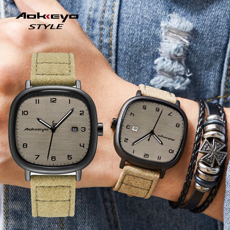 AOKEYO F043 Jam Tangan Pria Kulit Anti Air Original Terbaru Casual Tahan Air Square Leather Jam Tang