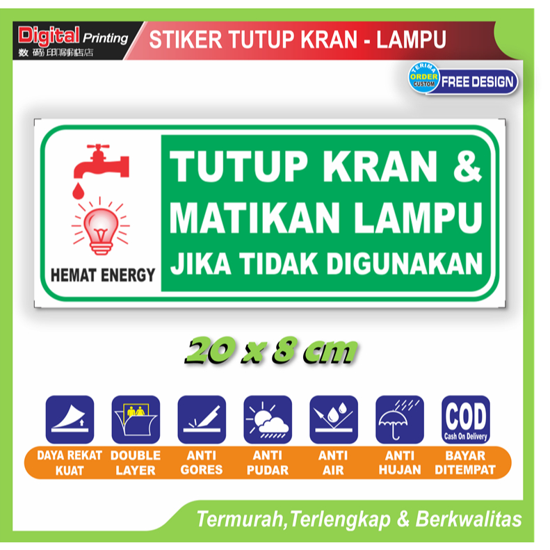 Stiker tulisan new tutup kran dan matikan lampu sticker peringatan pengguna kamar mandi wc toilet