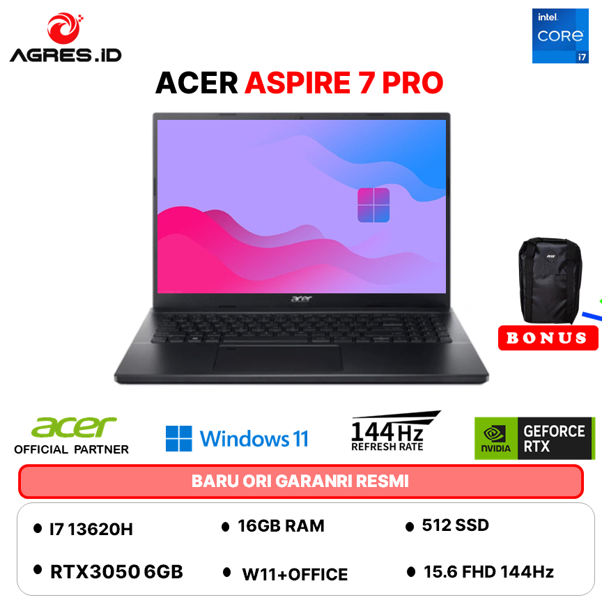 ACER ASPIRE 7 PRO A715 CORE I7 13620H RTX3050 - RAM 16GB 512GB W11+OHS 15.6FHD 144HZ 59G.77WV