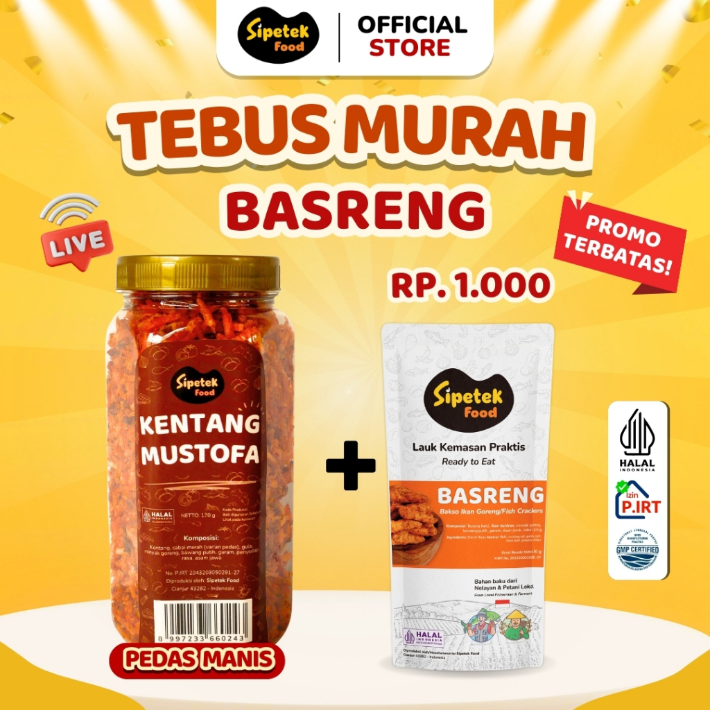 

[TEBUS MURAH BASRENG] Kentang Mustofa Pedas Manis Kriuk Toples 170gr+ Basreng Pedes Pouch