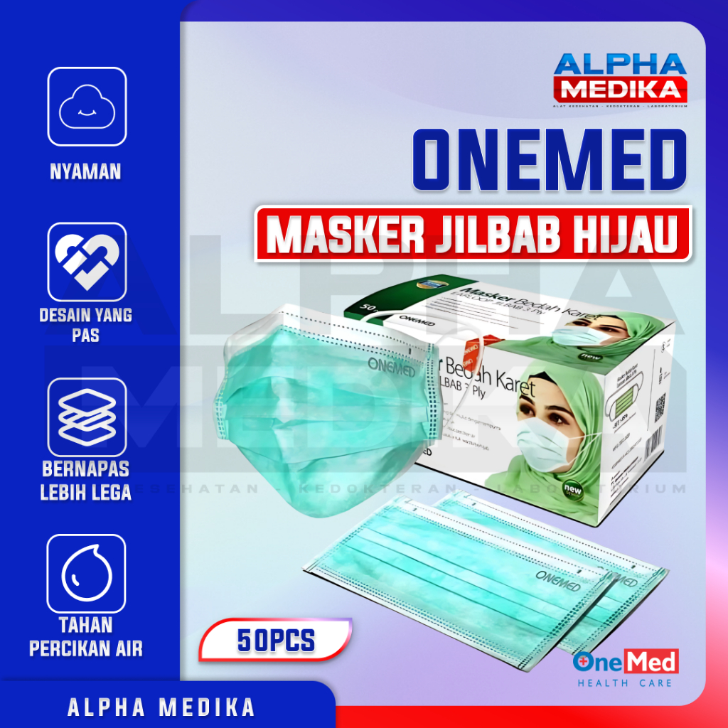ONEMED - Masker Hijab Medis Onemed Hijau 3ply isi 50 / Masker Hijau Hijab Onemed