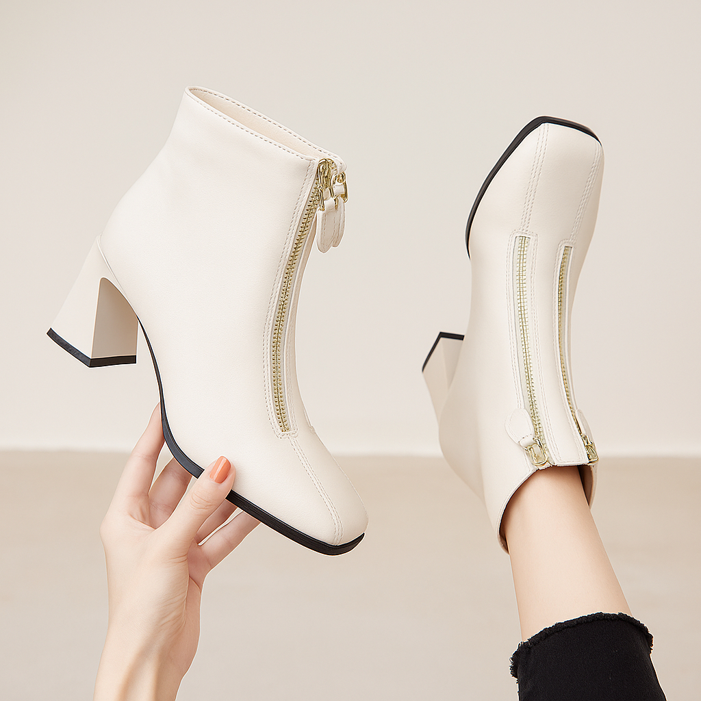 Sepatu Boots Double Zipper Glossy Stylish Korea Wanita Kerja Heel Koma B37