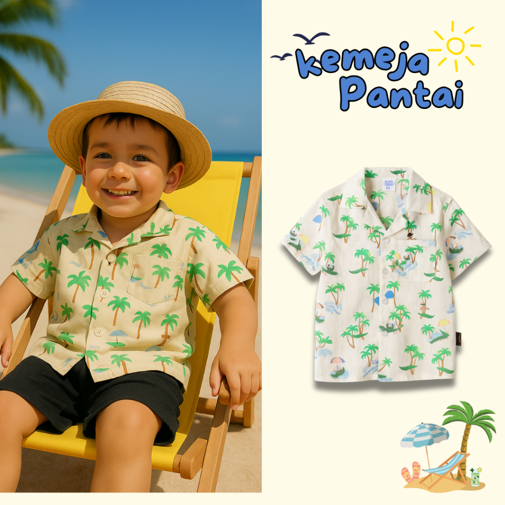 Kemeja Pantai Anak Laki-Laki Motif Kelapa Lengan Pendek Baju Santai Liburan Size 3-14 Tahun