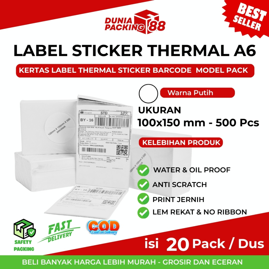 

Kertas Thermal Label Sticker Barcode 100 x 150 mm Label Pengiriman 100x150 ukuran A6 isi 500pcs
