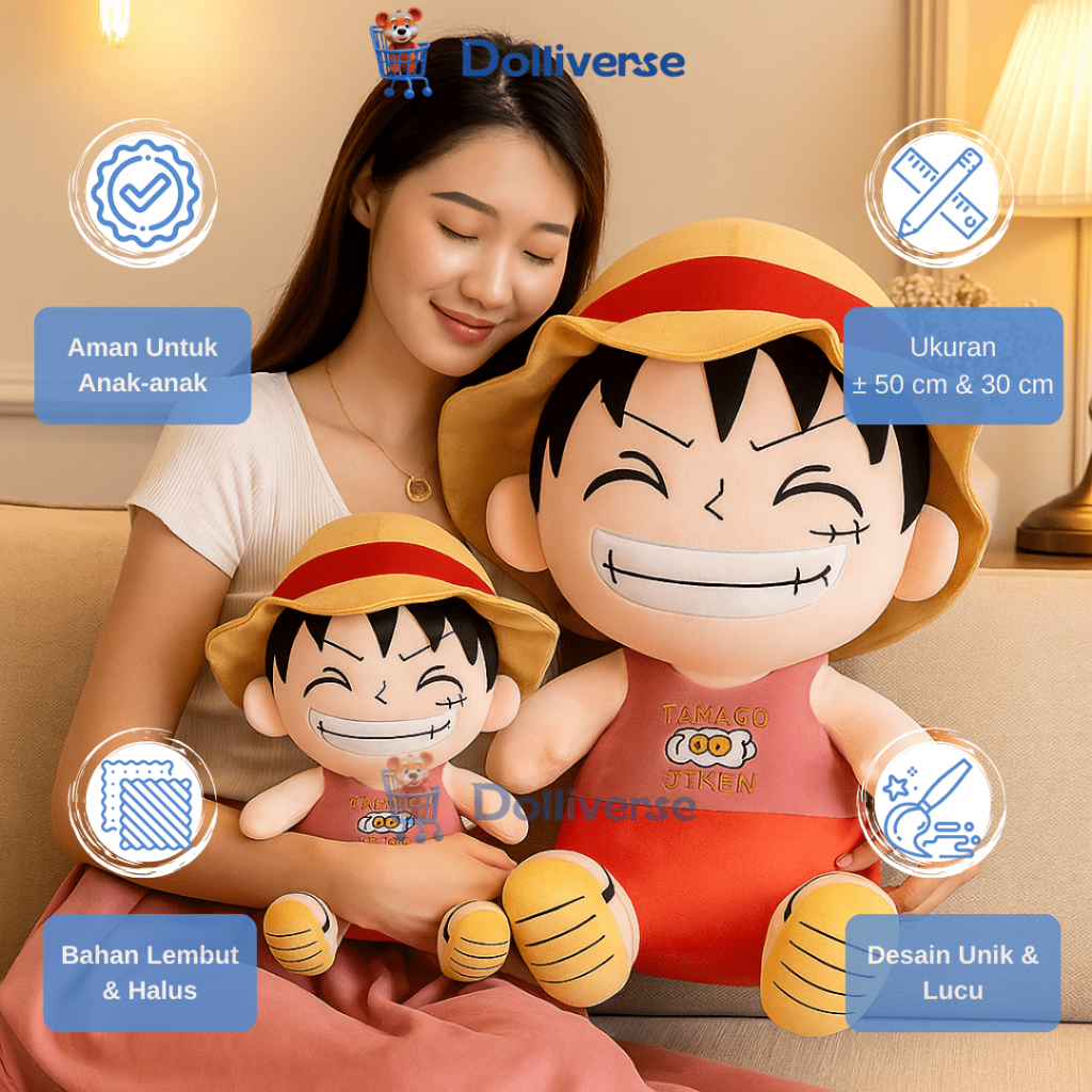 Dolliverse Boneka One Piece Monkey D Luffy Chopper Boneka Anime One Piece ukuran Jumbo 50cm & 30cm