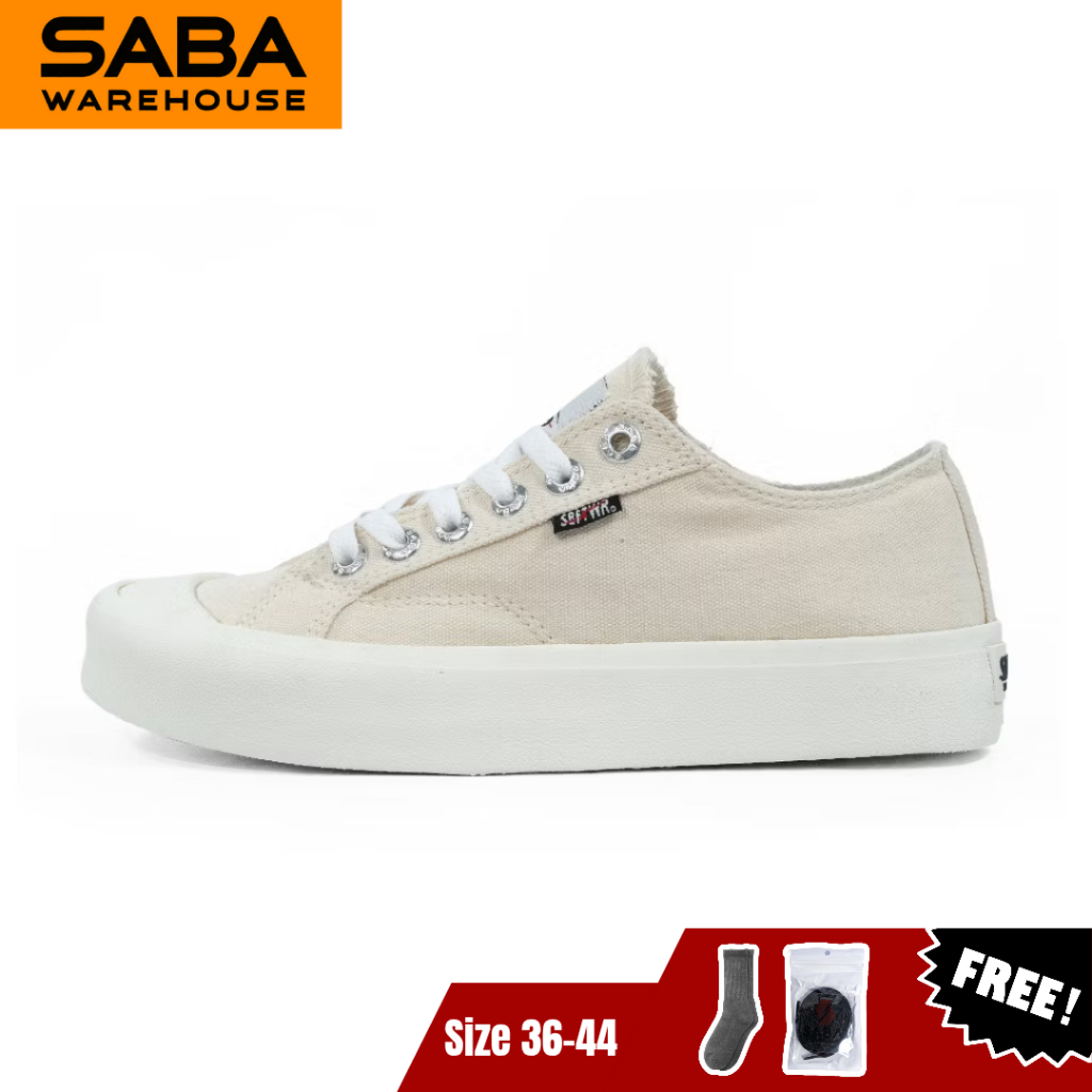 SABA Basic Off White - Free Kaos Kaki + Tali - Sepatu Sneakers Casual Pria Wanita Original 100%  BS 