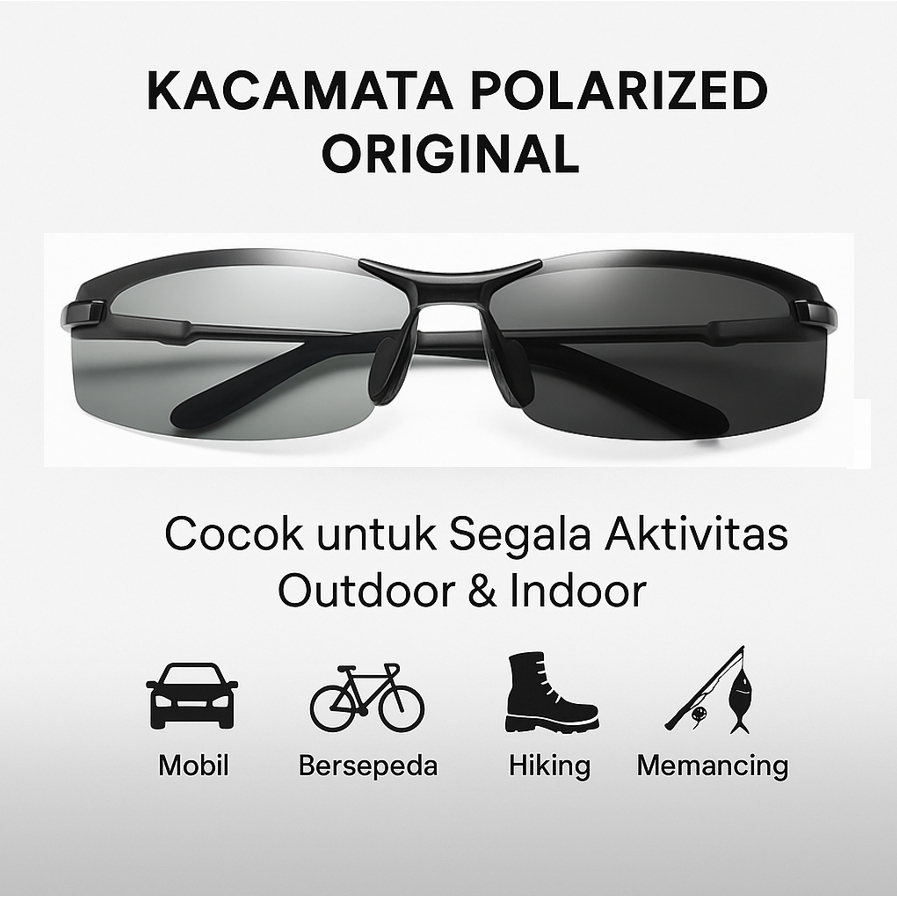5 pcs (kacamata, lap, box, kain, kartu test) kacamata polarized pria original 100% tembus air ori pa