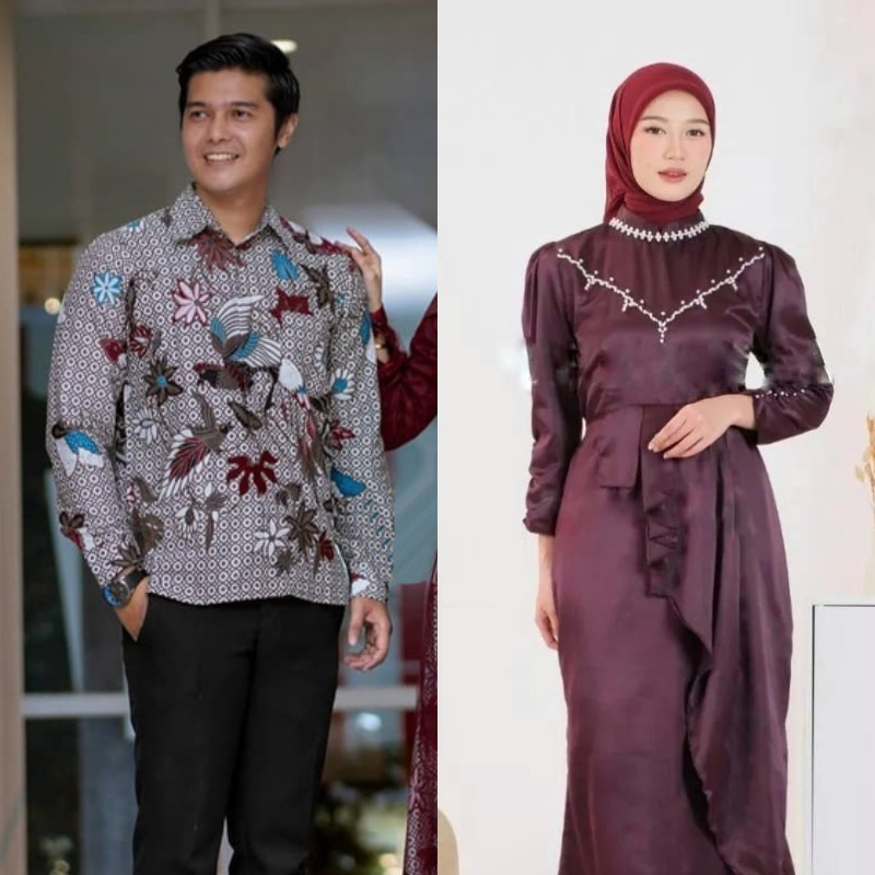 Set Baju Couple Kharisma Burgundy Gamis Brukat Kemeja Batik | Set Couple Wanita Pria Mewah Kondangan