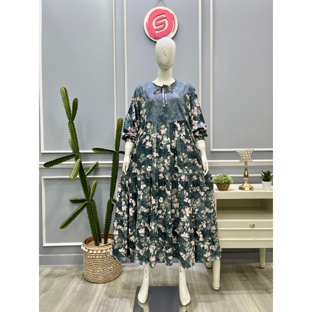 Midi dress salvina ys JUMBO renda tile rayon viscose print terbaru