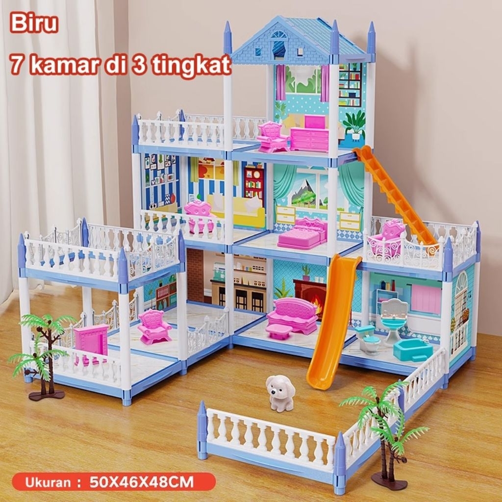 Mainan Anak Perempuan Rumah-rumahan 7 Kamar Tingkat Biru