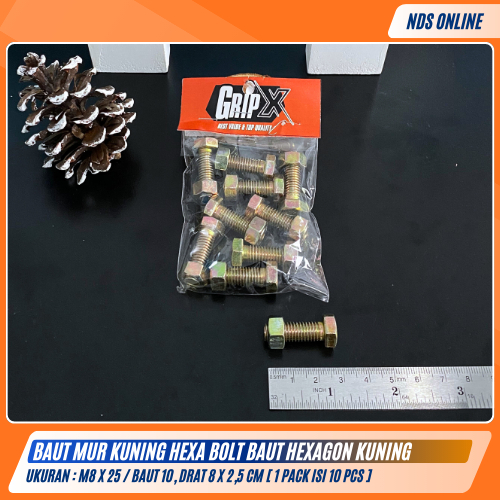 Baut Mur Kuning Hexa Bolt M8x25 Baut & Mur Hexagon Drat 8x2,5cm / Baut 10 [ 1 Pack Isi 10 Pcs ]