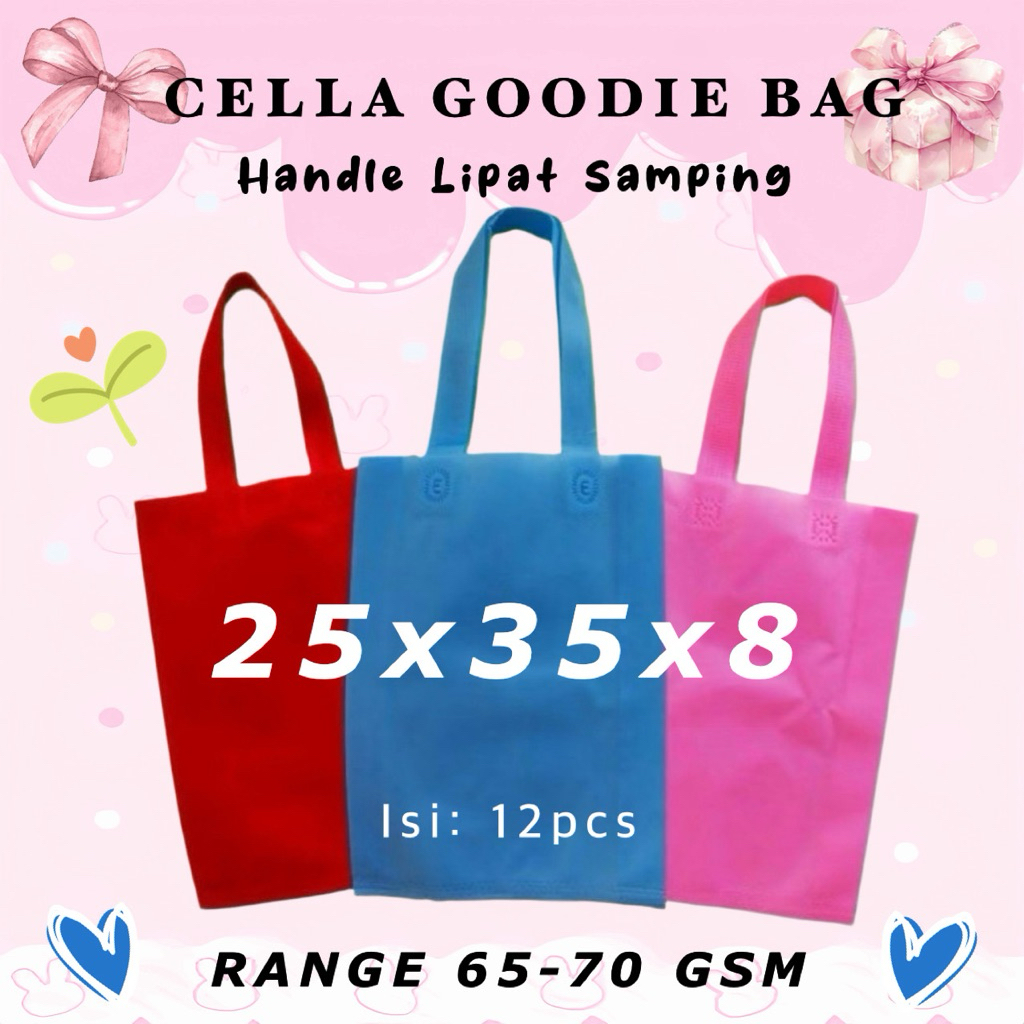 

Cella goodie bag Economis 30x40 spunbond 1lusin (12pcs) Goodie Bag Handle uk 25x35 kain kualitas 65-75 GSM / Tas Spunbond Extra Kaku dan Kuat Garansi