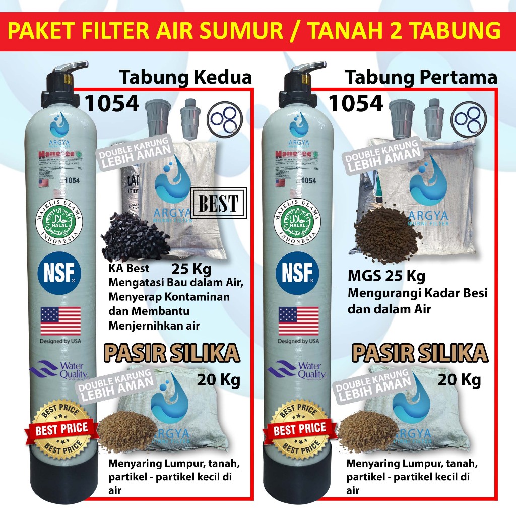 Paket Filter Air Tanah atau Sumur 2 Tabung Media FRP 1054 Nanotec + 2 Head 3 Way Valve + 2 PS + KA +