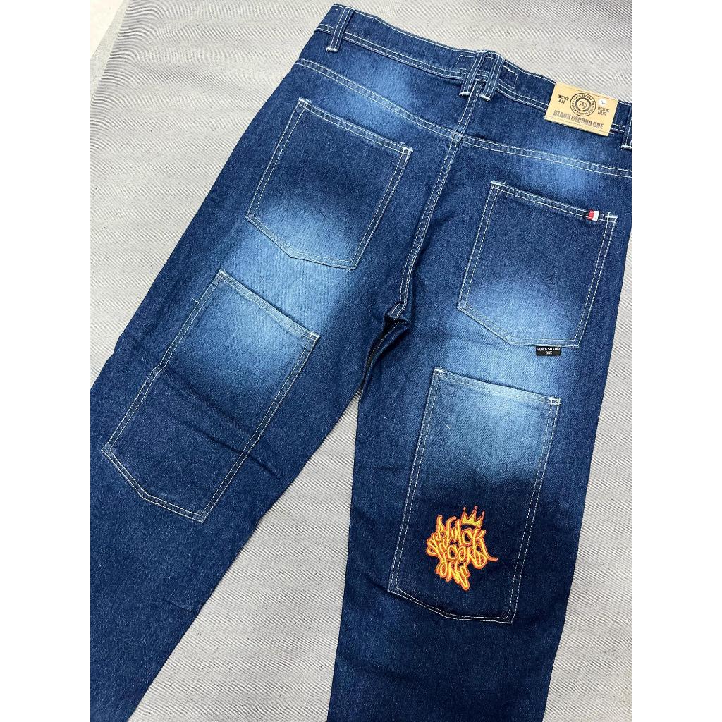 Y2K Denim Big Pocket Jeans Baggy Skena Gombrong 4 Kantong Bordir Selvedge Spray Garmen