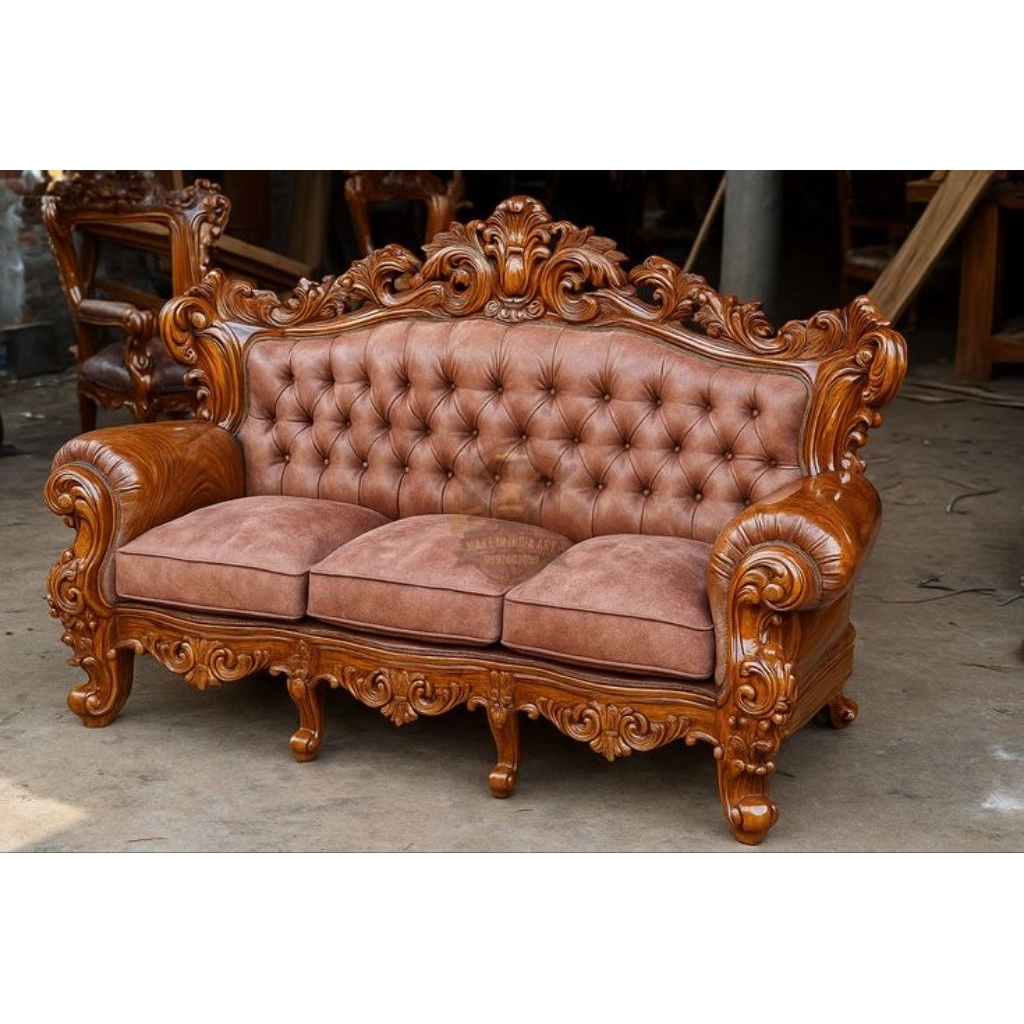 Sofa Mewah Ukir Jepara Kayu Jati Asli – Sofa Klasik Elegan Jok Kulit Premium 3 Dudukan