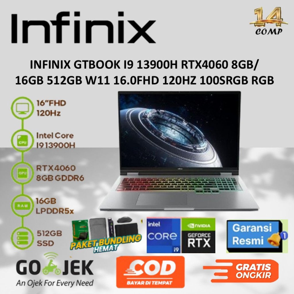 INFINIX GTBOOK I9 13900H RTX4060 8GB/ 16GB 512GB W11 16.0FHD 120HZ 100SRGB RGB