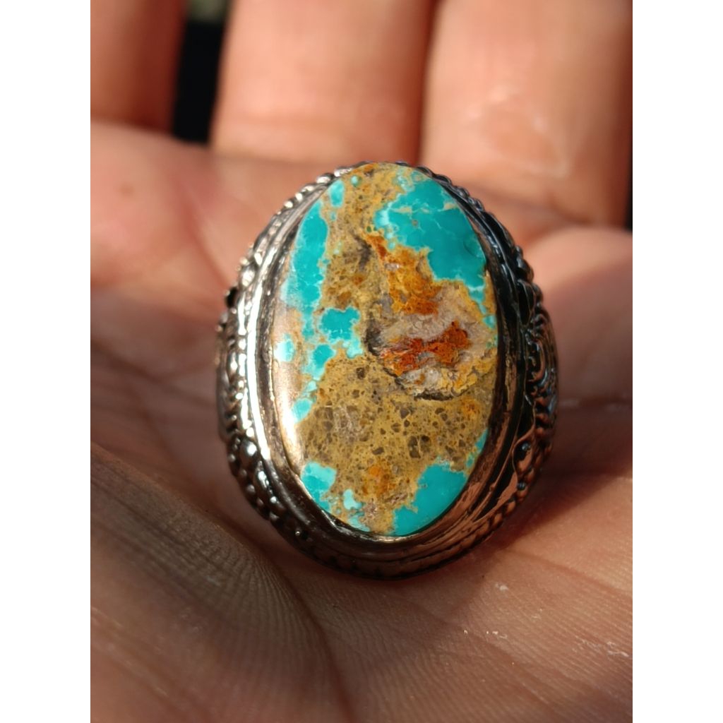 Batu Pirus Persia Biru Tosca Emas Berkarakter Semar Duduk