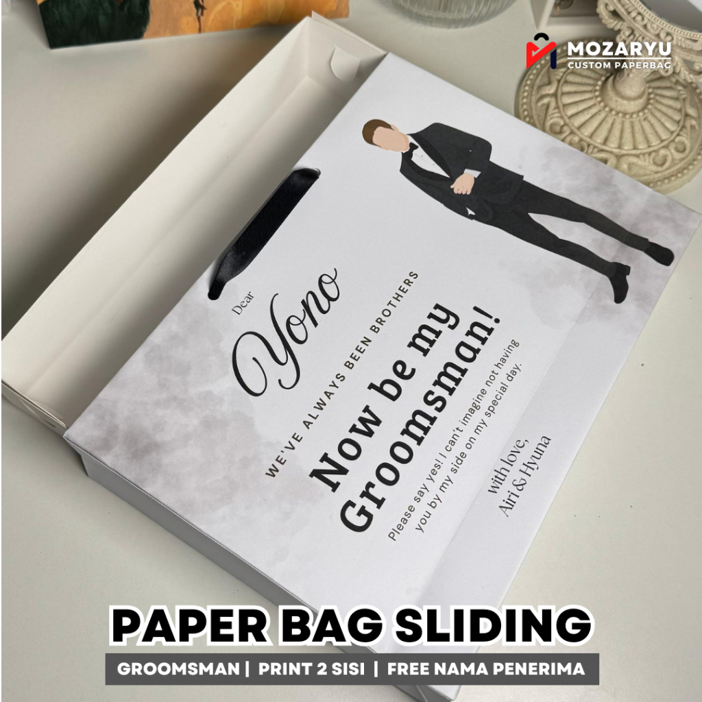 

Paper Bag Sliding Groomsman Custom Tanpa Minimal Order, Bahan TIK 200 GSM Ukuran Medium P28 L6 T20