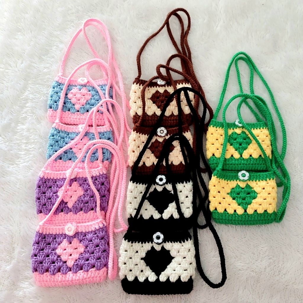 Dompet kartu, tas mini rajut, tas anak selempang slempang motif love