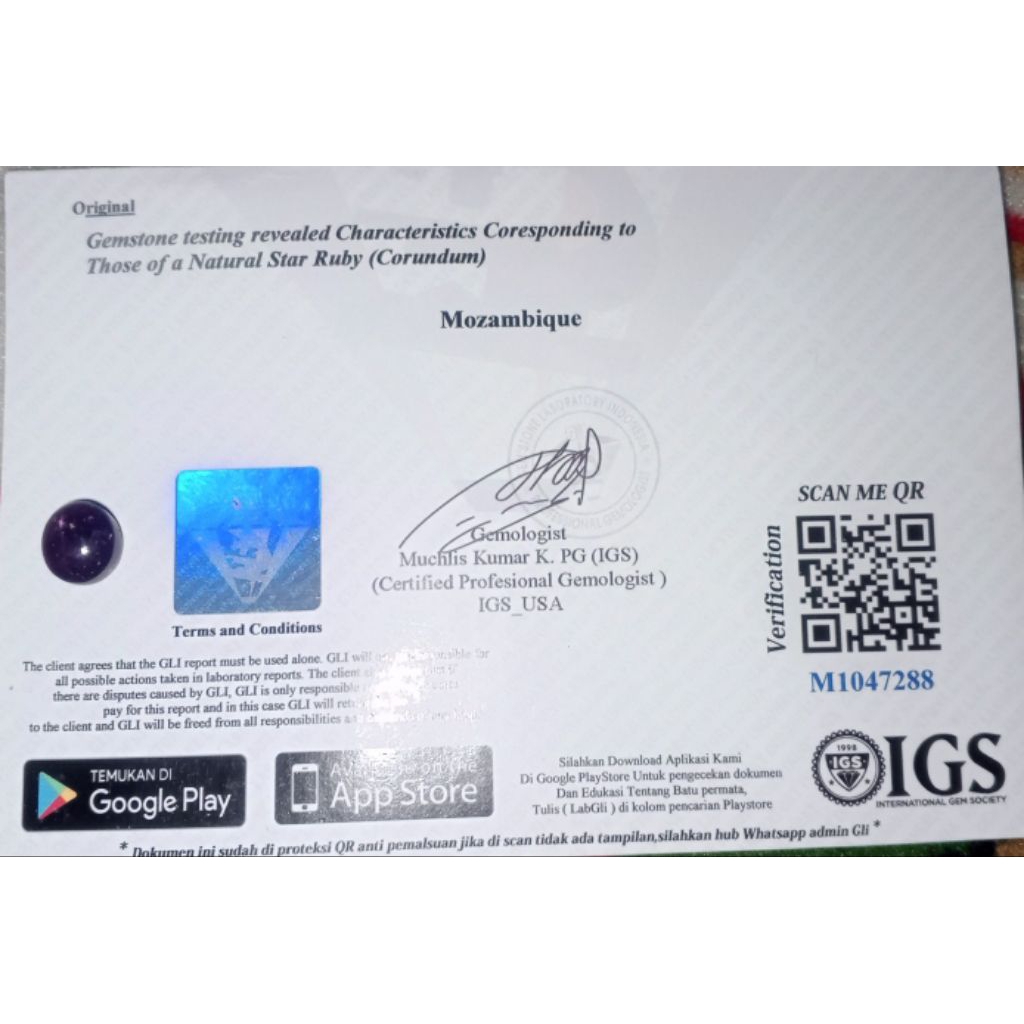 Natural Star Ruby No Heated 9,87 Crt + Memo