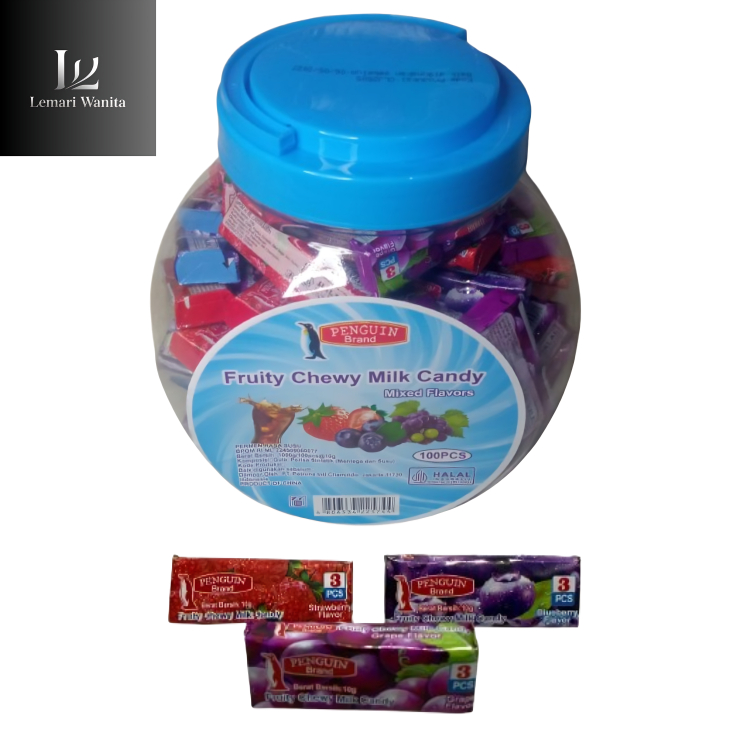 

Permen Penguin Brand Toples Isi 100 Pcs - Fruity Chewy Milk Candy Mixed Flavours