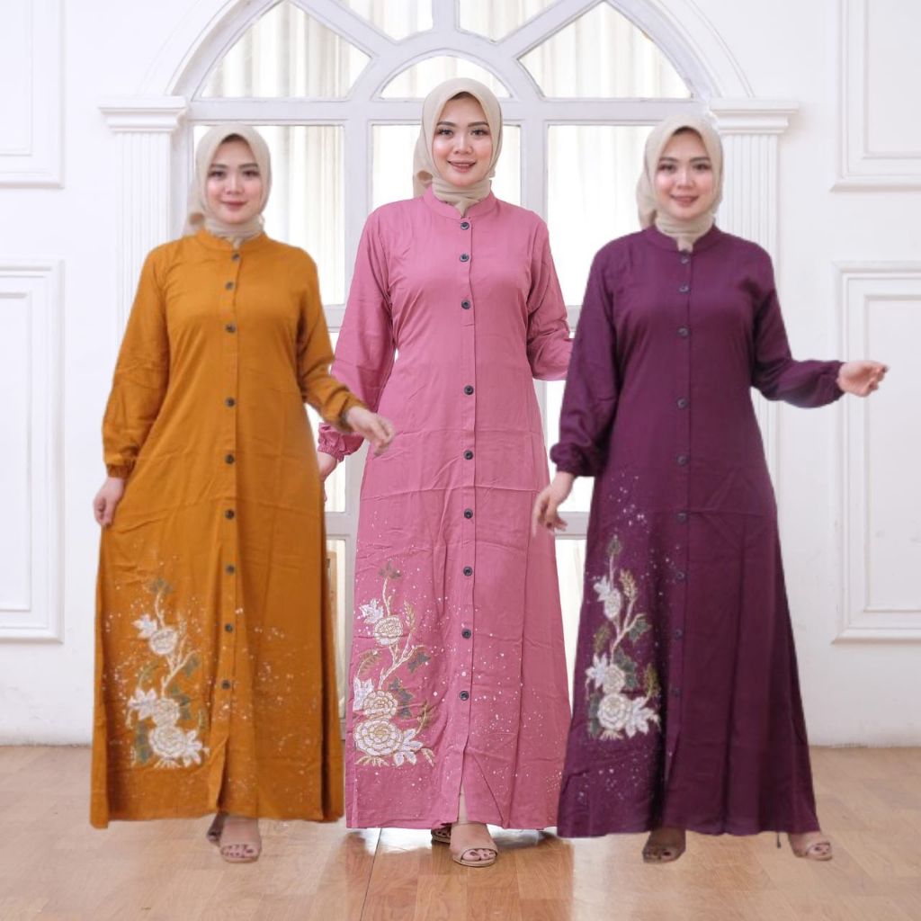 AJM Collection (S, M, L, XL, XXL) - Gamis Lukis Timbul Premium - Bahan Twill Ori - Elegan Busui Frie
