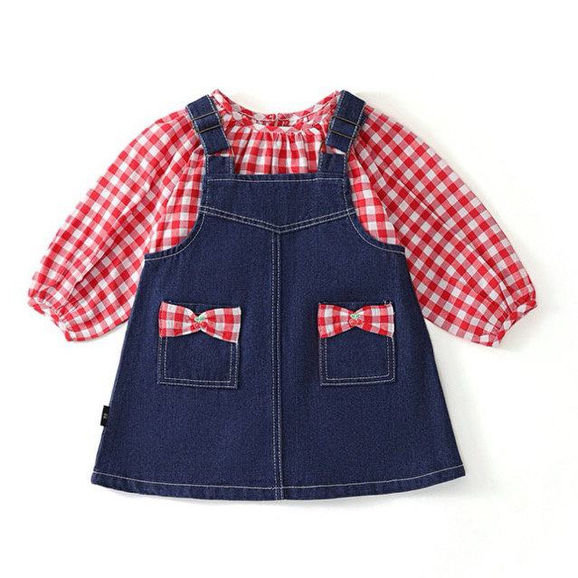 Setelan 2in1 romper rok kodok jeans dan baju katun kotak ribbon korean anak perempuan