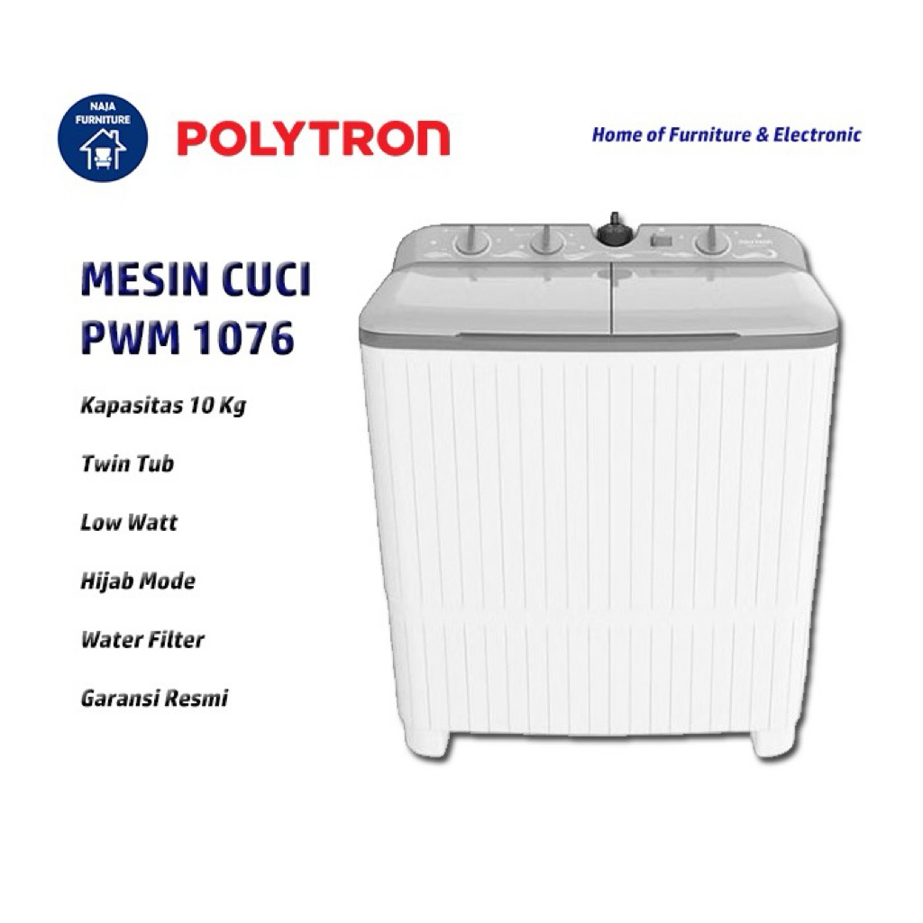 POLYTRON Mesin Cuci 2 Tabung 10 KG PWM 1076 | Mesin Cuci Polytron 10 KG | Mesin Cuci 2 Tabung Giant 