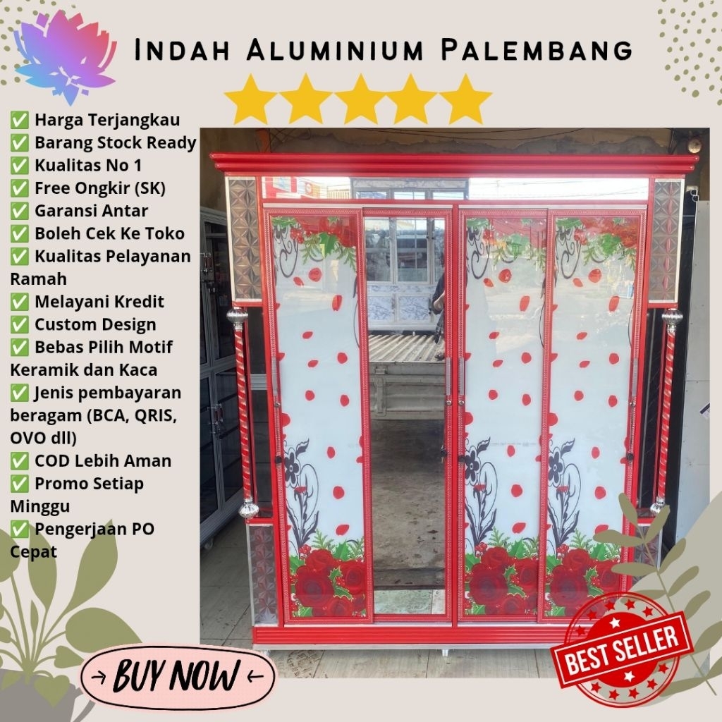 LEMARI PAKAIAN 4 PINTU SLEDING TIANG HODRENG + KACA MOTIF MURAH ALUMINIUM PALEMBANG