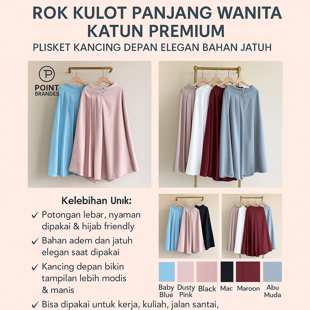 Rok Kulot Panjang Wanita Katun Premium – Plisket Kancing Depan Elegan Bahan Jatuh