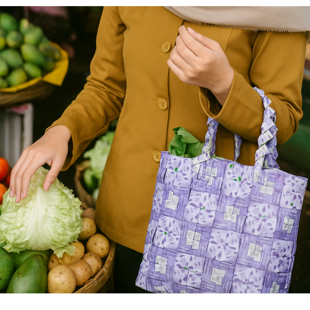 

Tas Anyaman Daur ulang pelastik kerajinan kemasan bungkus pop ice tas sayur dan buah