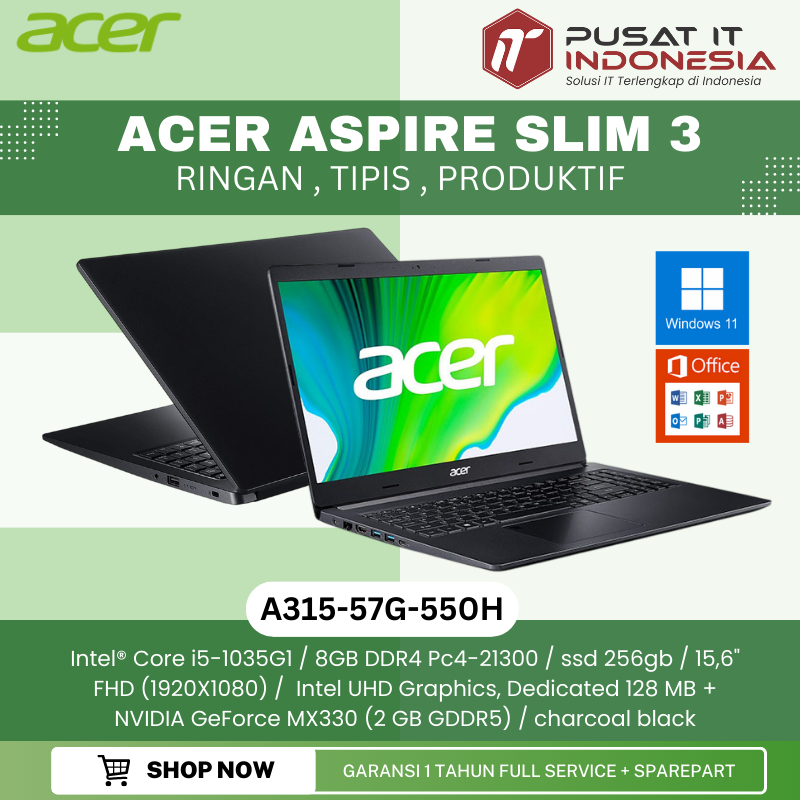Laptop Acer Aspire 3 A315-57G-550h Core i5-1035g1 Ram 8gb Ssd 256gb Nvme Vga Nvidia 2gb 15.6 Inch Fu