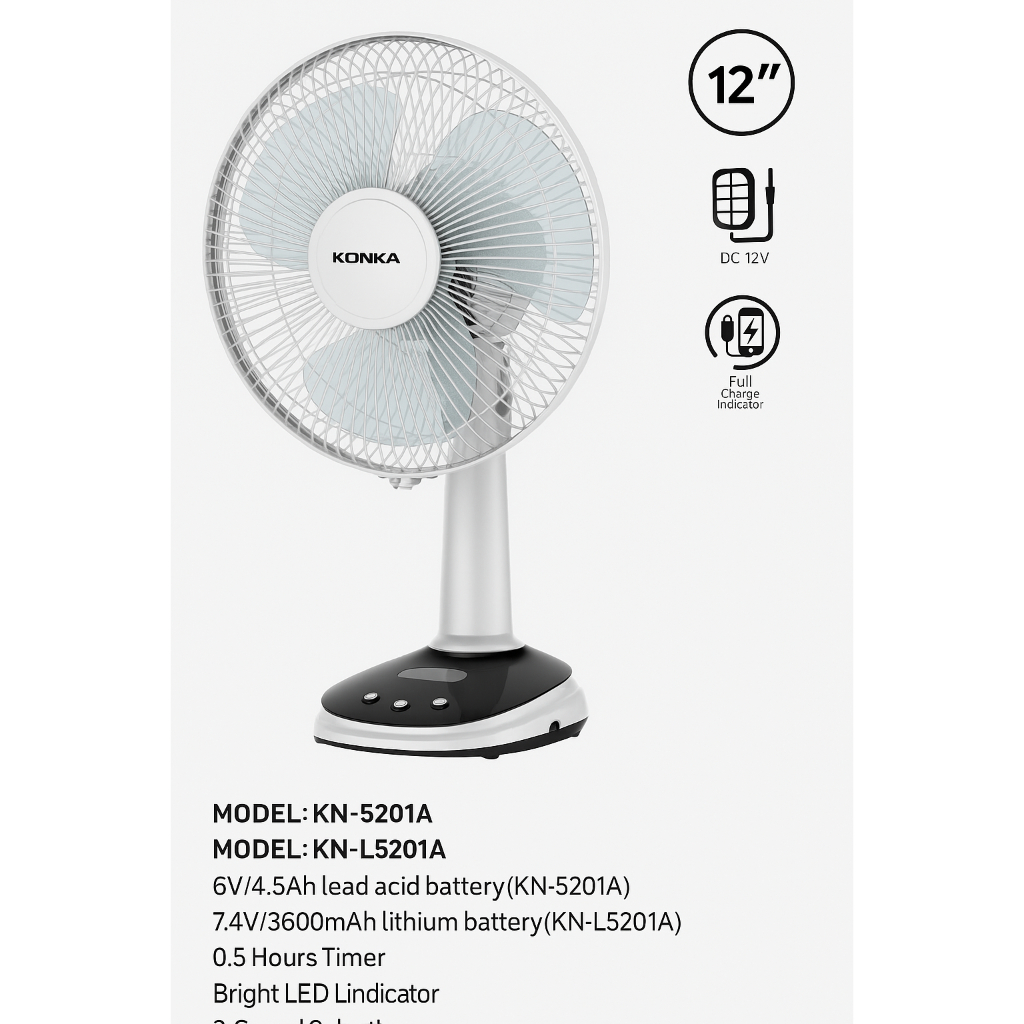 Kipas Angin Portable Rechargeable KONKA 12 Inch Abu Abu Putih Banyak Pilihan Model Murah Meriah Peng
