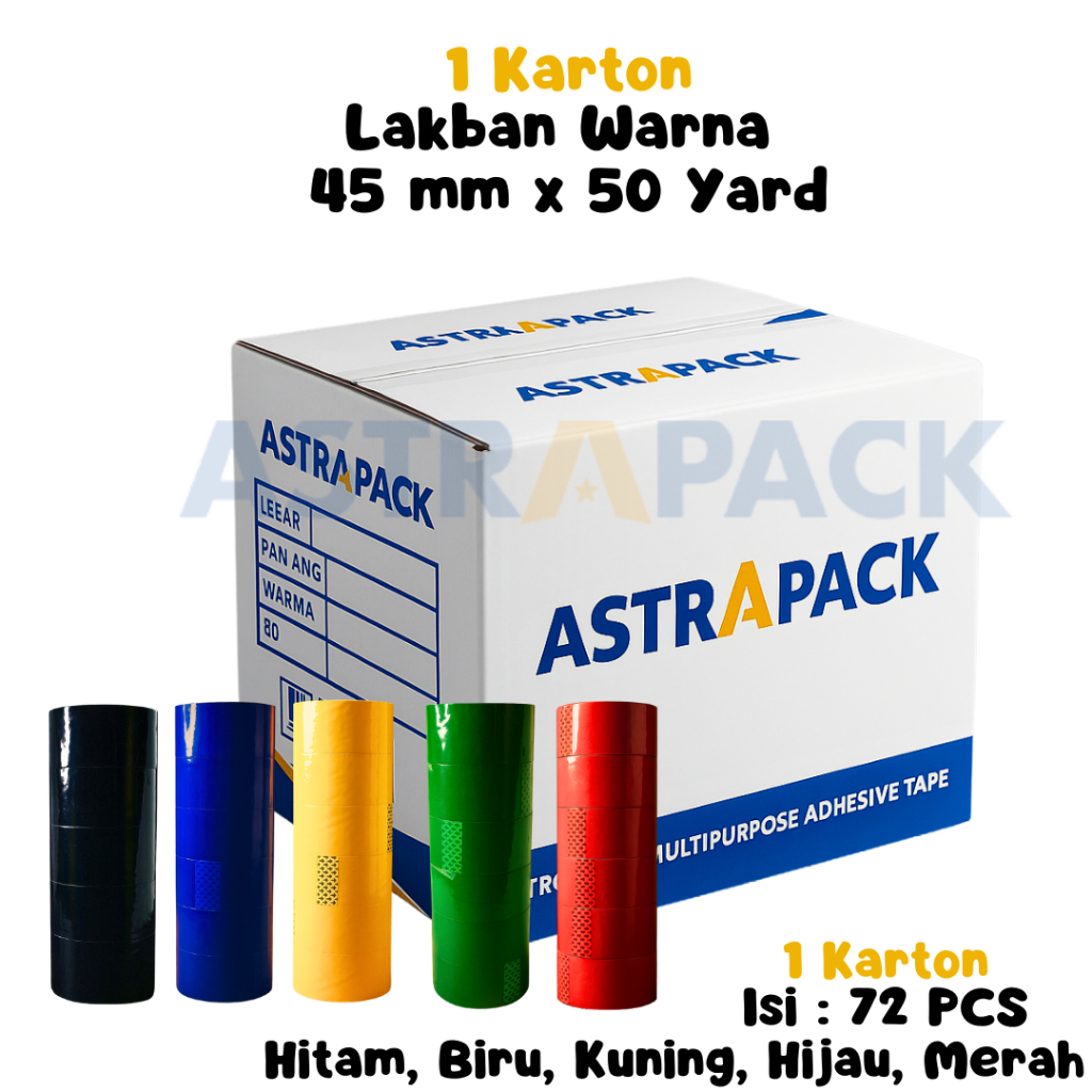 

Astrapack | 1 Dus Lakban OPP Warna 45 mm x 50 Yard | Isolasi Warna Warni | Tersedia Instant Grosir