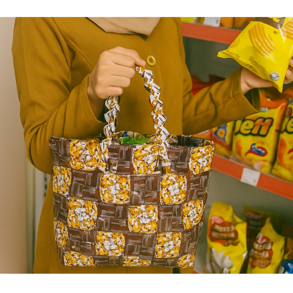 

prakarya daur ulang anyaman kerajinan tas belanja jajanan mini plastik kemasan bungkus minuman