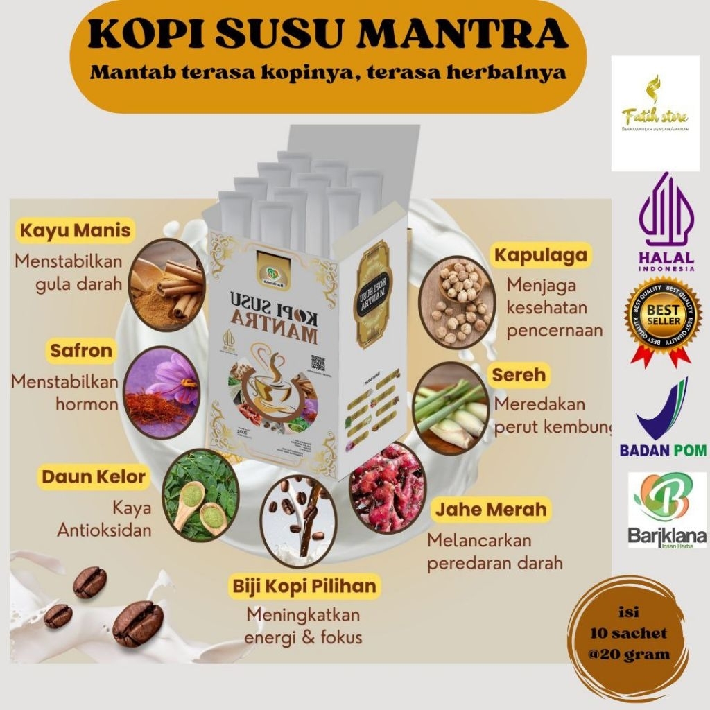 

Kopi Susu Mantra – Kopi Herbal Rempah untuk Pria & Wanita | Aman untuk Lambung | 10 Sct | BPOM Halal