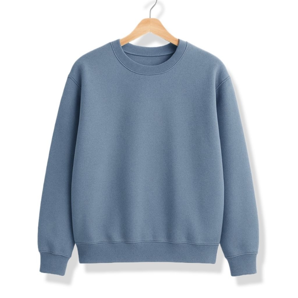 Sweater Crewneck Pria Distro Fleece Tebal Polos Denim