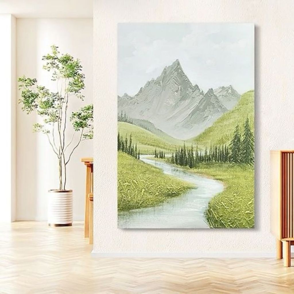 Lukisan Dinding Pemandangan Gunung Hijau Tekstur - Lukisan Handmade - Hiasan Dinding Ruang Tamu Aest