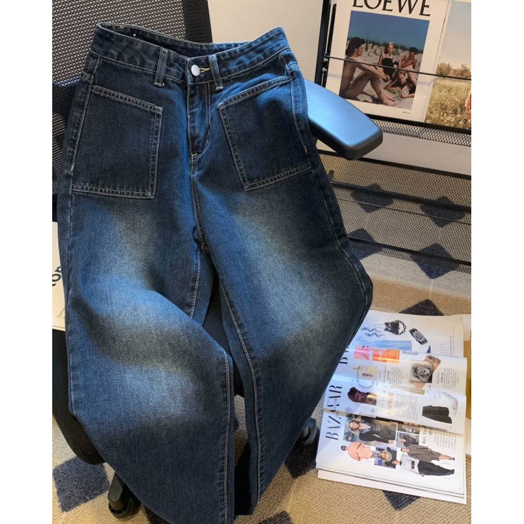 Jeanius - Celana Kulot Jeans Wanita High Waist Loose Jeans Dark Saku Depan Retro