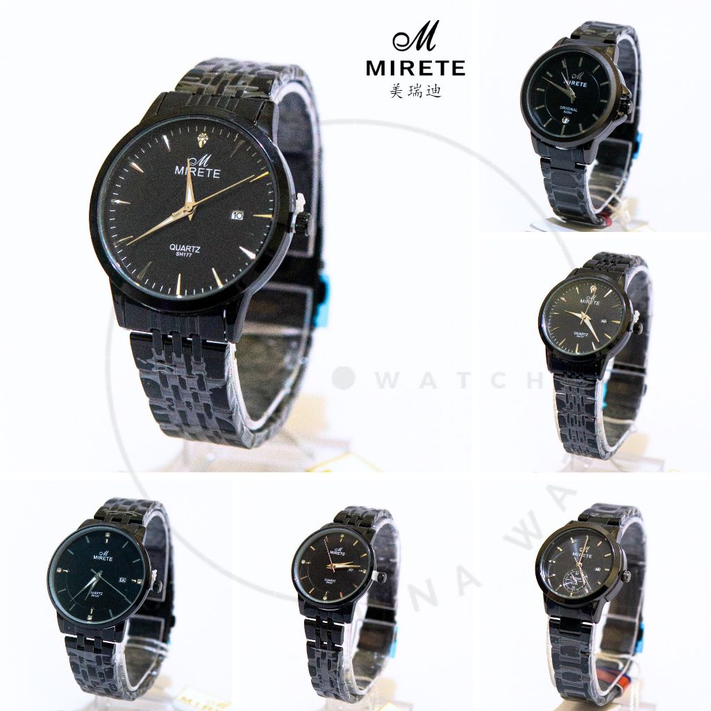 Jam Tangan MIRETE-RT20 Rantai Hitam Jam Tanggal Stainless Steel Couple Plat Hitam Putih Original