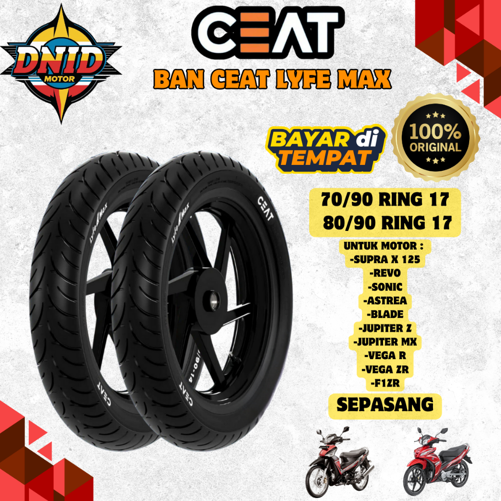 PAKET SEPASANG TERMURAH BAN CEAT LYFE MAX TUBELESS RING 14 ( 70/90-17 / 80/90-17 ) BAN MOTOR MATIC S