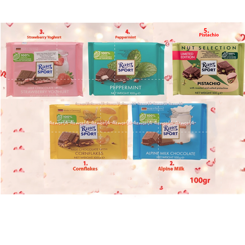 

Ritter Sport 100gr Cornflakes Alpine Milk Chocolate Pistachio Nut Strawberry Yoghurt Peppermint Coklat Cokelat Raja Jagung Susu Mint Stroberi Riter Rittersport Kacang
