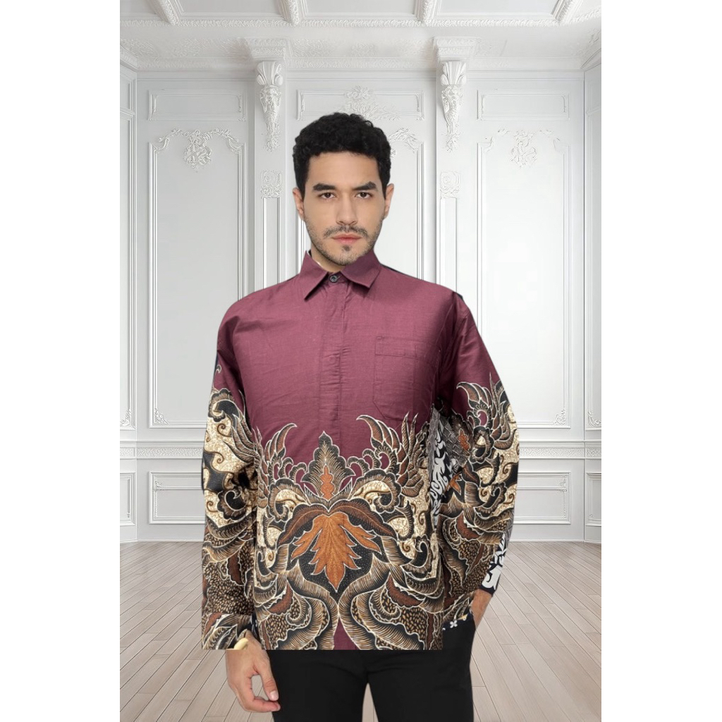 baju batik pria lengan panjang Burgandy trend 2025 bahan katun premium