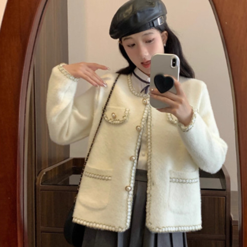 Cardigan Wanita Korea Elegan Chic Jaket Pendek Hitam Putih Casual Atasan Outer Terbaru