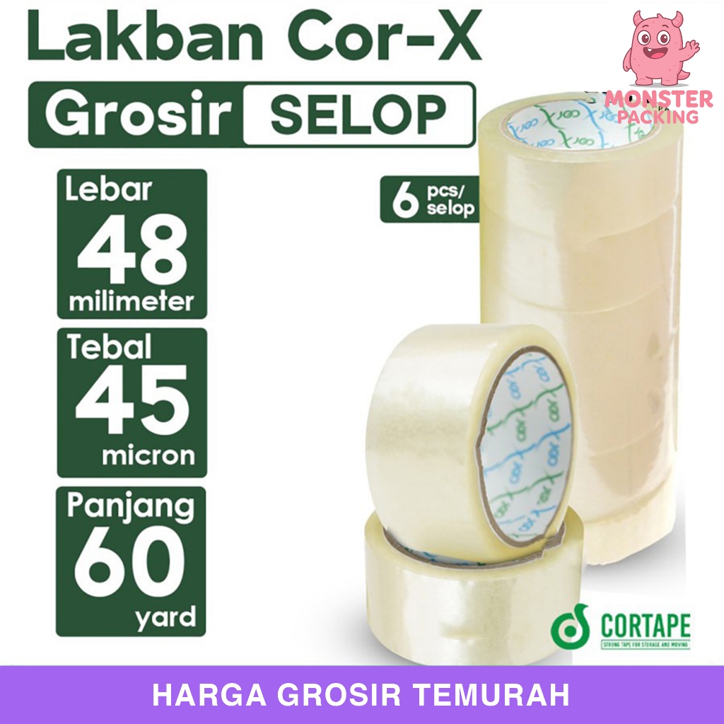 

Lakban Cortape Bening 48 mm x 60 yard (Cor-X) Ekonomis 1 Selop