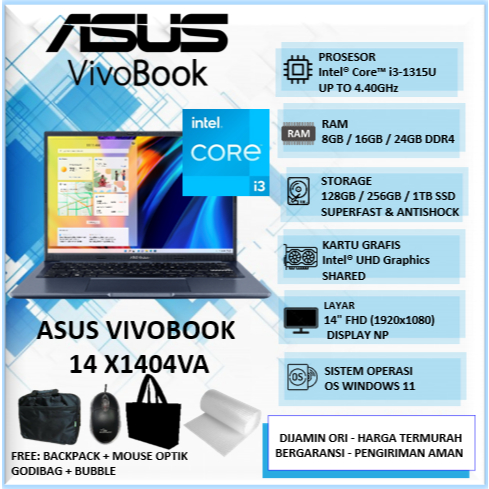 Laptop Asus Vivobook 14 Intel i3 RAM 16GB SSD 512GB 14"FHD NP Windows 11 Home