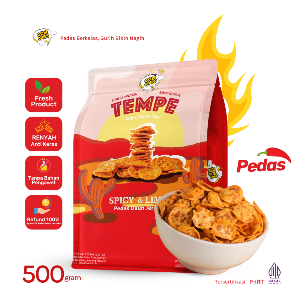 

GELICHIPS- 500gr Keripik Tempe Spicy (PEDAS) Gurih Renyah Camilan