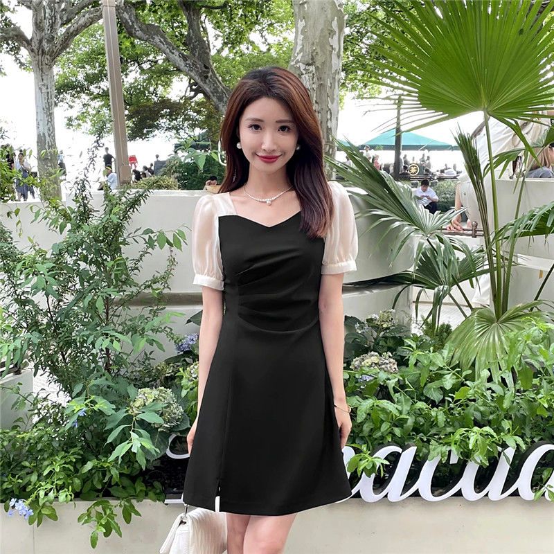 Perancis Hitam Dress Retro Spuare Neck High Waist