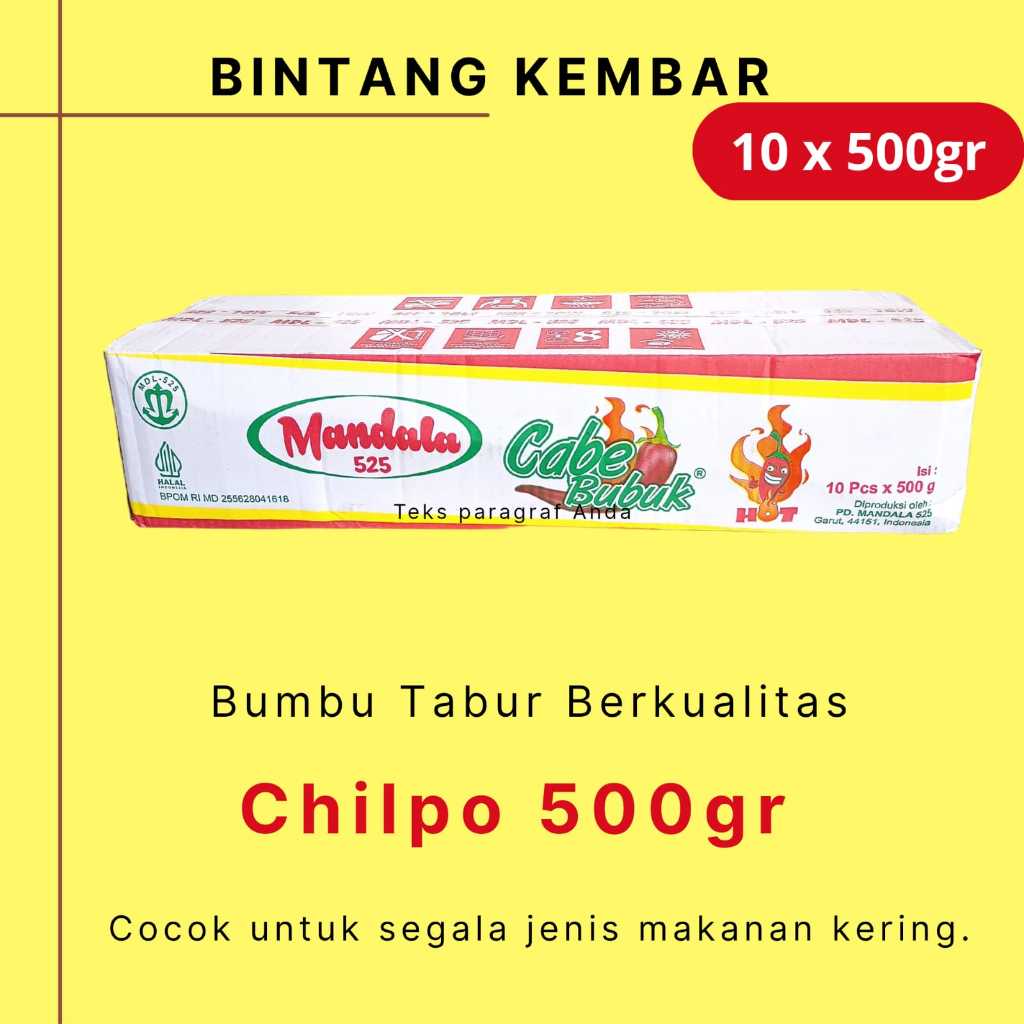 

Bumbu Tabur Instan Cabe Bubuk Chilpo Merek Mandala 525 1 Dus ( 500gr x 10 sachet )